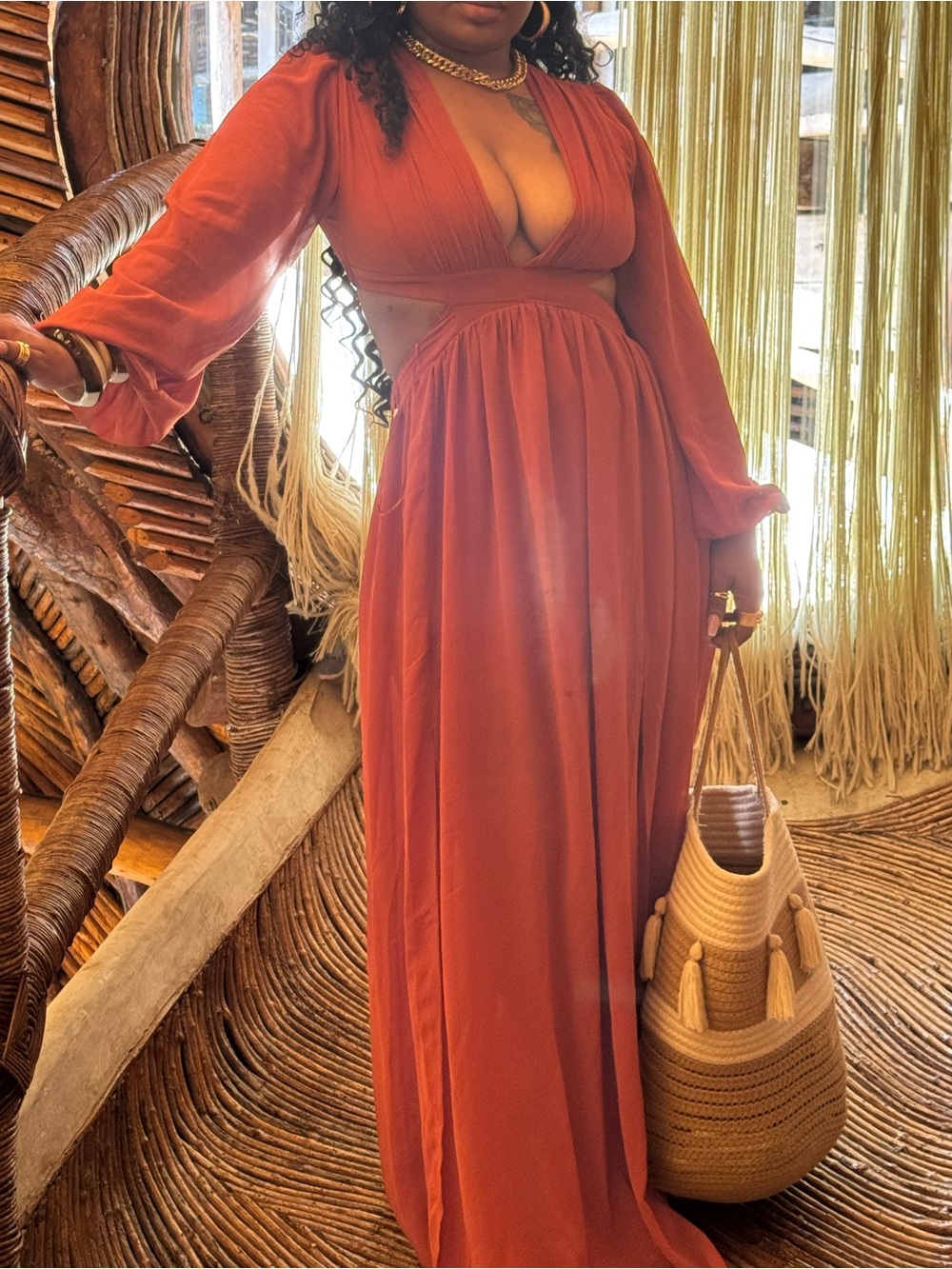 Fashion Nova Rust Orange Deep V Long-Sleeve Maxi Dress